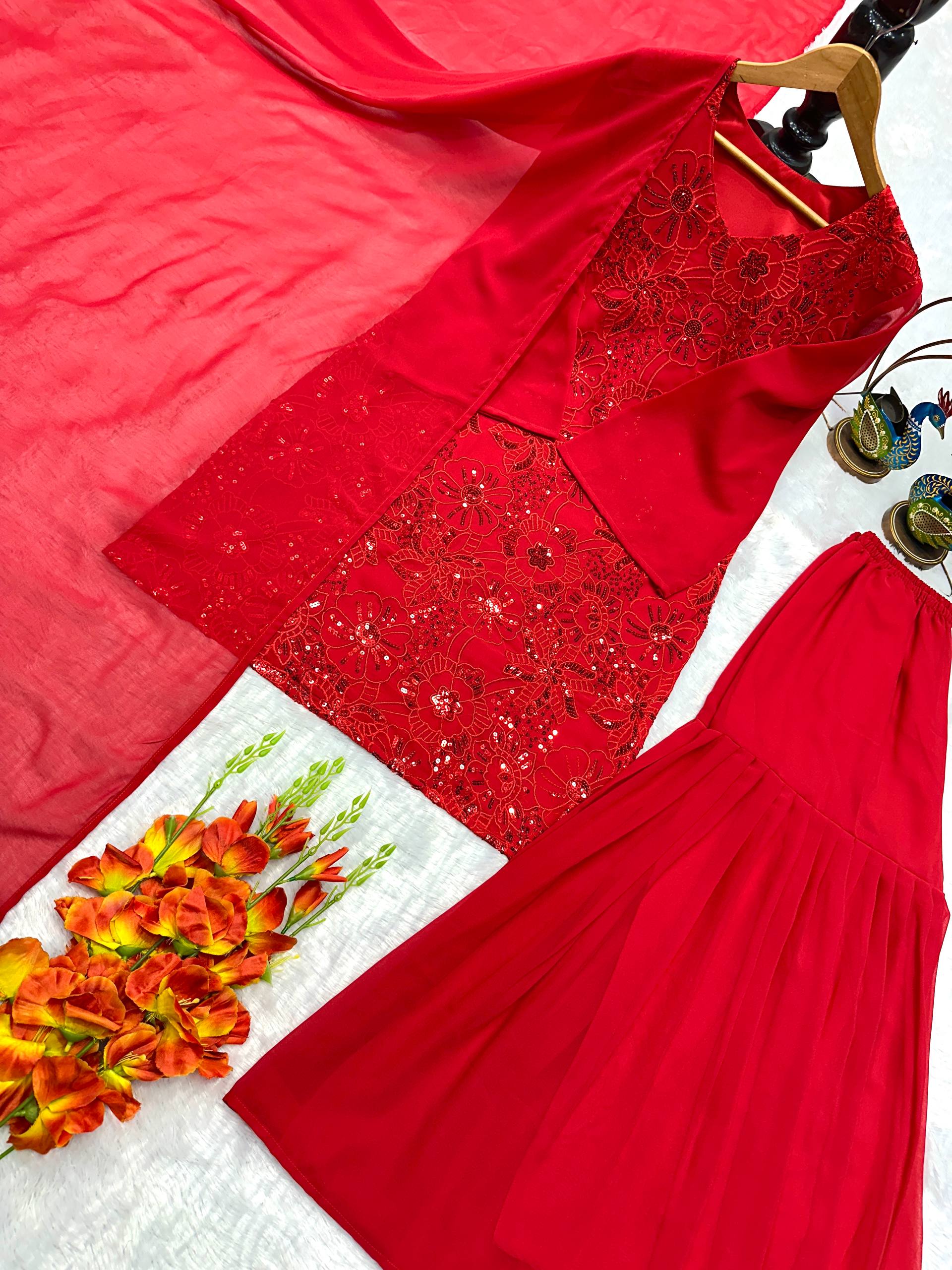 Opulent Red Bell-Sleeve Couture